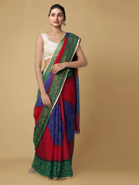 Unnati Silks Red & Green Pure Chiffon Printed Baluchari Saree