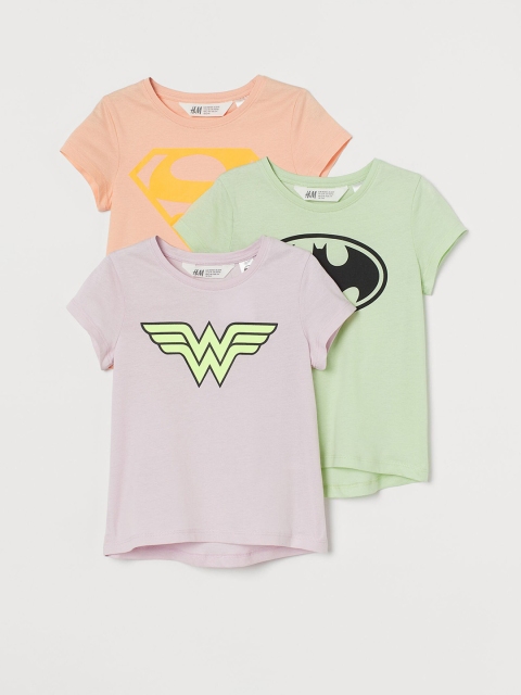 H&M Girls 3-pack Multicoloured Superhero Printed Cotton Tops, Multi