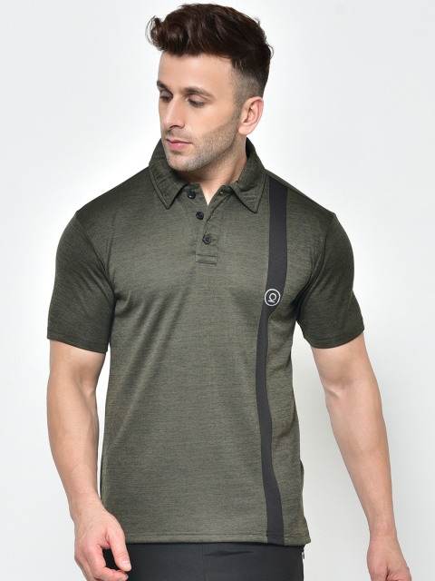Chkokko Men Olive Green Striped Polo Collar T-shirt
