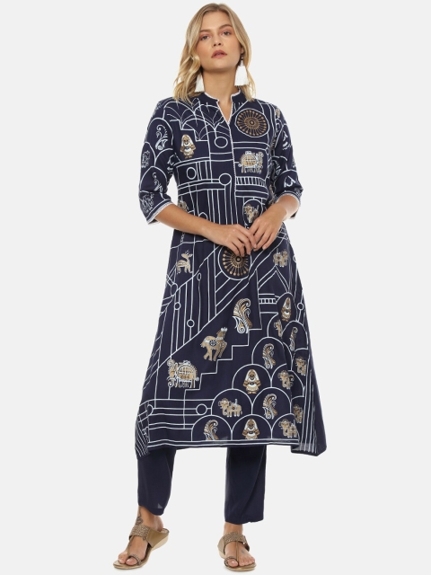 Instafab Women Navy Blue Printed Kurta with Palazzos