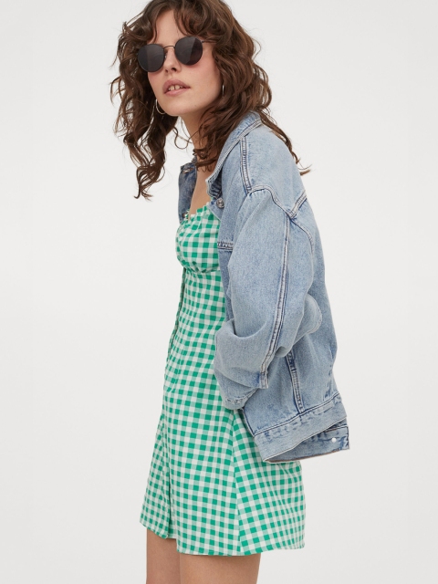 H&M Women White & Green Short A-line Dress