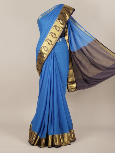 Pothys Blue & Gold-Toned Poly Chiffon Solid Saree