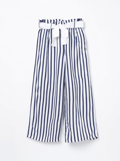 Bossini Girls White & Navy Blue Regular Fit Striped Parallel Trousers