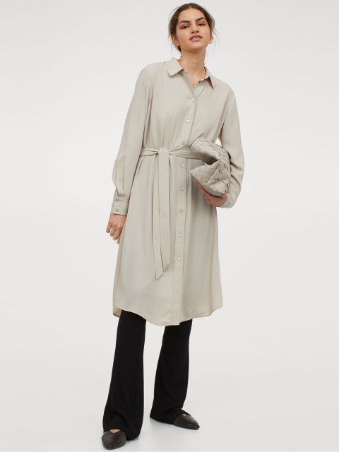 H&M Women Beige Solid Tie-Belt Shirt Dress