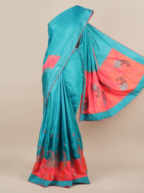 Pothys Blue & Orange Jute Silk Embellished Saree