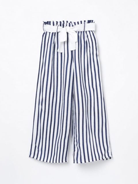 Bossini Girls White & Navy Blue Regular Fit Striped Parallel Trousers