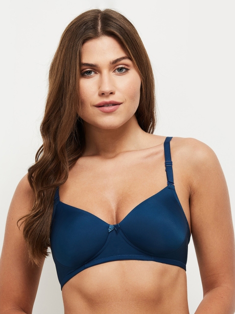 max Blue Solid Non-Wired Lightly Padded T-shirt Bra