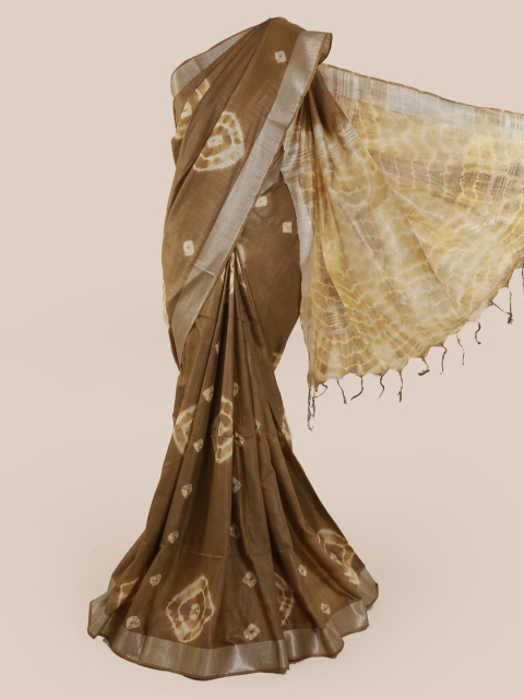 Pothys Brown & Off-White Linen Blend Printed Saree