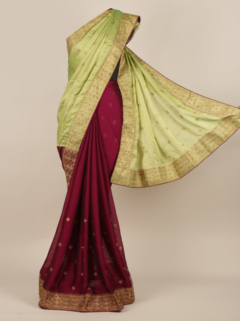 Pothys Green & Maroon Poly Chiffon Colourblocked Saree