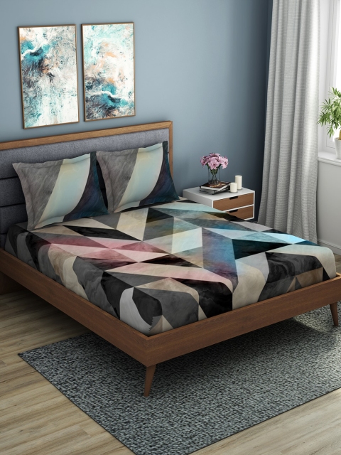 SPACES Black & Grey Geometric 180 TC Cotton 1 King Bedsheet with 2 Pillow Covers