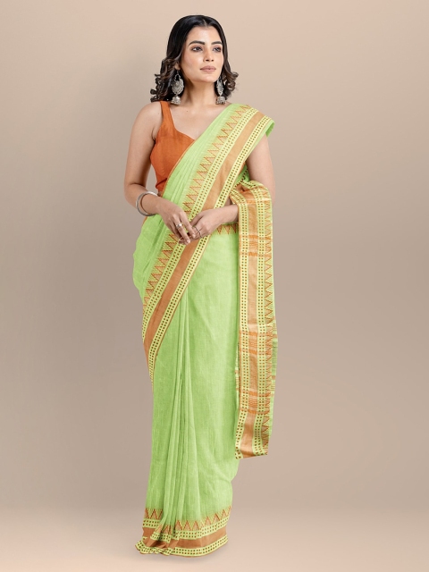 BharatSthali Green Pure Cotton Solid Maheshwari Saree
