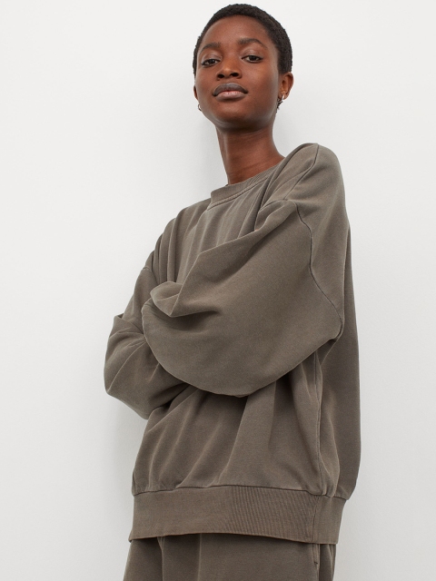 H&M Women Brown Solid Relaxed Fit Sweatshirt