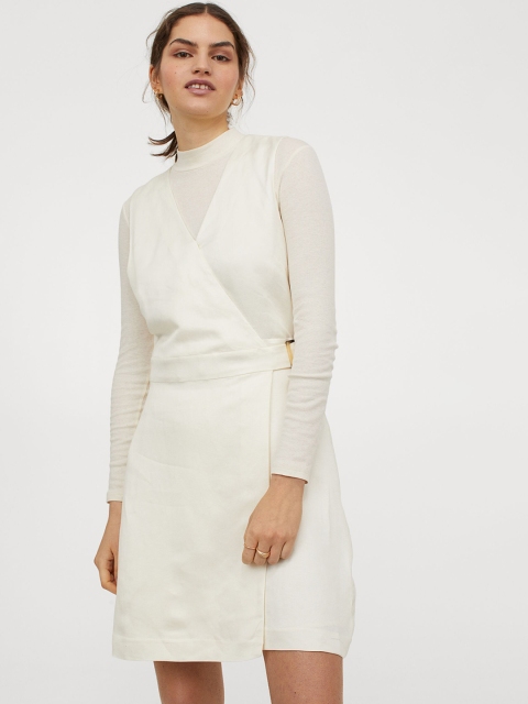 H&M Women White Linen-Blend Wrapover Dress