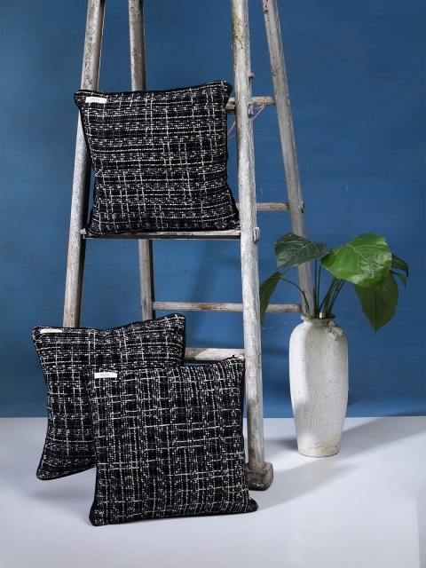 I AM FOR YOU Black & White Set of 3 Self Design Square Cushion Covers