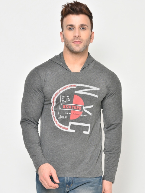 Chkokko Men Grey Melange Printed Hood T-shirt