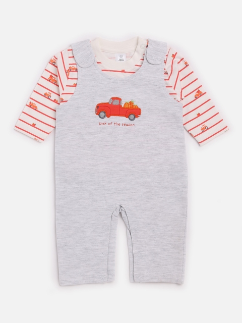 TOFFY HOUSE Infant Boys Grey & White Appliqued Cotton Romper With T-Shirt