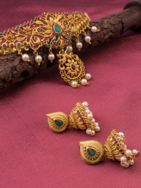 Alankruthi Gold-Plated Pink & Green Stone-Studded & Beaded Temple Jewellery Set