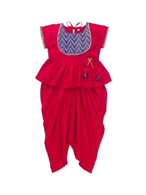 The Magic Wand Girls Red & Blue Embellished Top with Dhoti Pants
