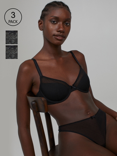 H&M Women Black 3-Pack Mesh Thong Briefs 0949239001