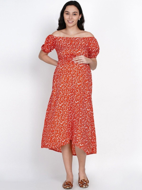 Mine4Nine Women Orange Floral Printed Maternity Fit and Flare Dress