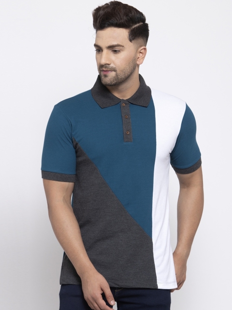 Kalt Men Teal Blue & Grey Colourblocked Polo Collar T-shirt