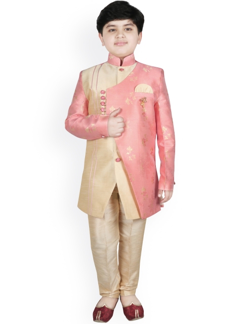 SG YUVRAJ Boys Peach-Colour & Beige Printed Sherwani Set