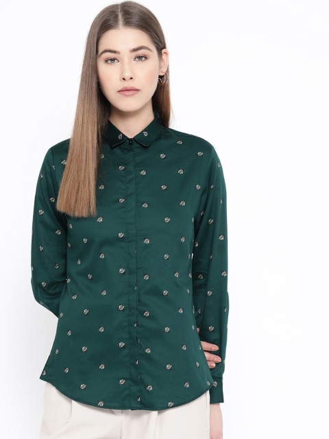 Hancock Women Green Slim Fit Printed Formal Shirt