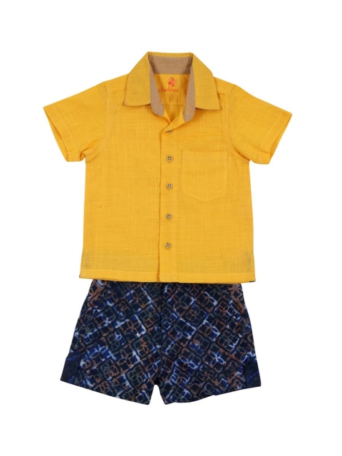 charkhee Boys Yellow & Navy Blue Solid Shirt with Shorts