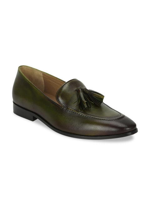 Saint G Men Olive Green Solid Formal Leather Loafers