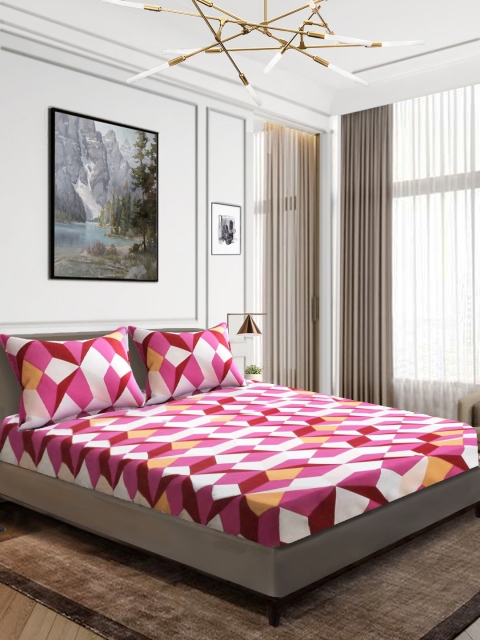 Aura Pink & Maroon Geometric 144 TC Cotton 1 King Bedsheet with 2 Pillow Covers