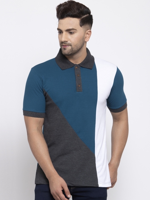 Kalt Men Grey Colourblocked Polo Collar T-shirt