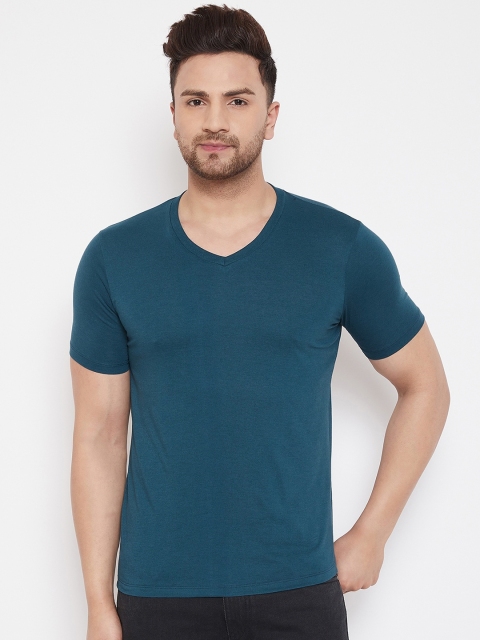 Plagg Men Blue Solid V-Neck T-shirt