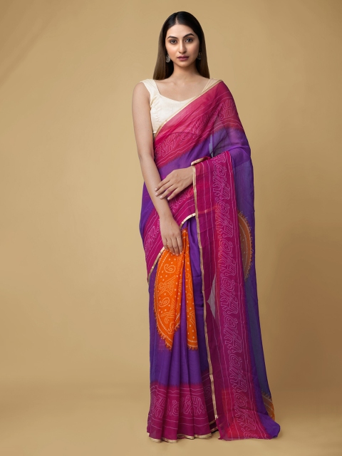 Unnati Silks Violet & Pink Pure Chiffon Printed Handloom Baluchari Saree