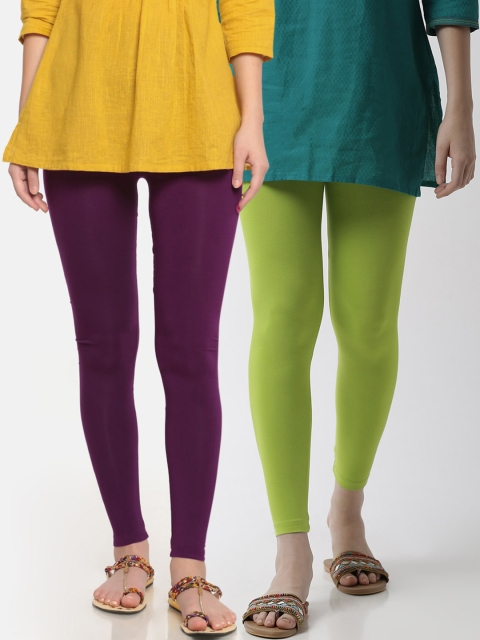 De Moza Women Pack Of 2 Green & Purple Solid Ankle-Length Leggings