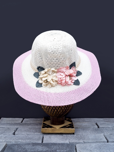Golden Peacock Women Pink & White Woven-Design Straw Sun Hat