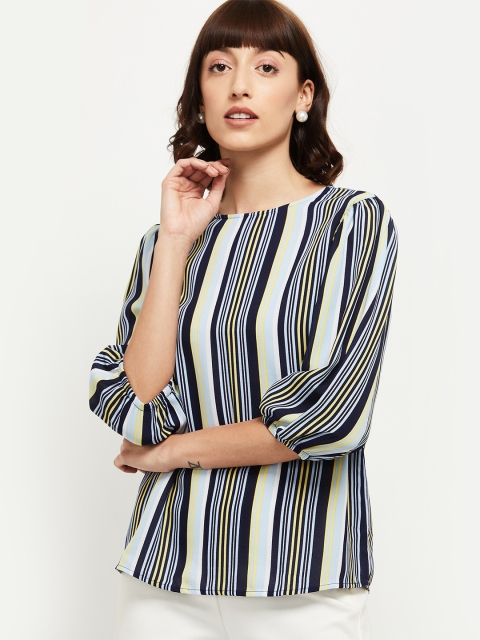 max White & Navy Blue Striped Puff Sleeves Regular Top
