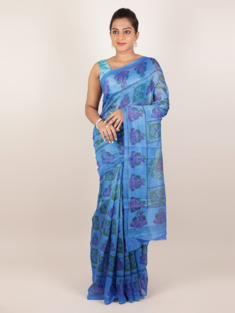 Pothys Blue Printed Jute Silk Saree