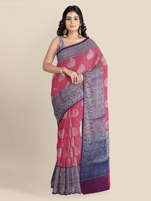 KLM Fashion Mall Pink Linen Blend Woven Design Banarasi Saree