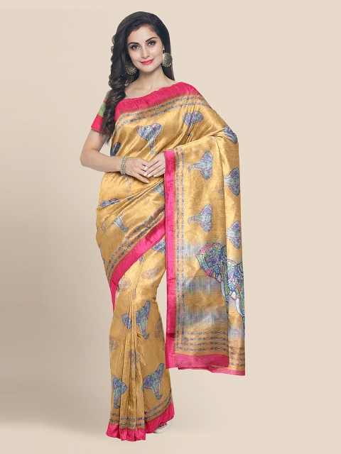 KLM Fashion Mall Orange Linen Blend Kalamkari Printed Banarasi Saree