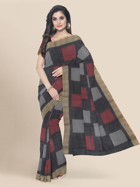 KLM Fashion Mall Black Woven Design Linen Blend Saree