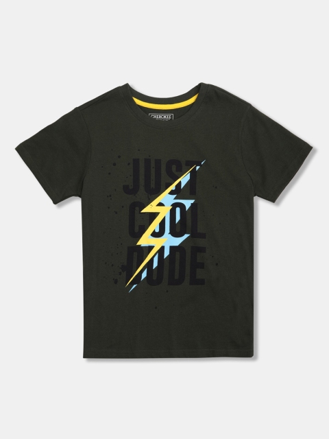 Cherokee Boys Olive Green Printed Round Neck T-shirt