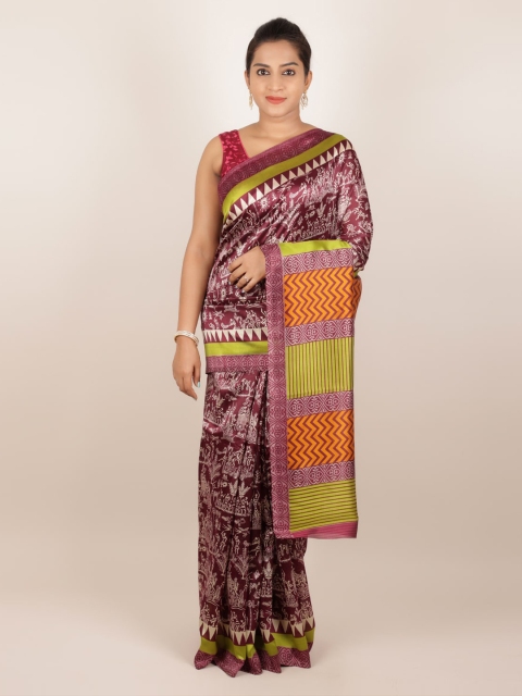 Pothys Maroon Printed Jute Silk Saree