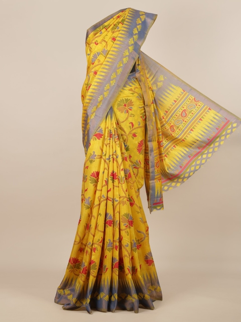 Pothys Yellow Printed Jute Silk Saree