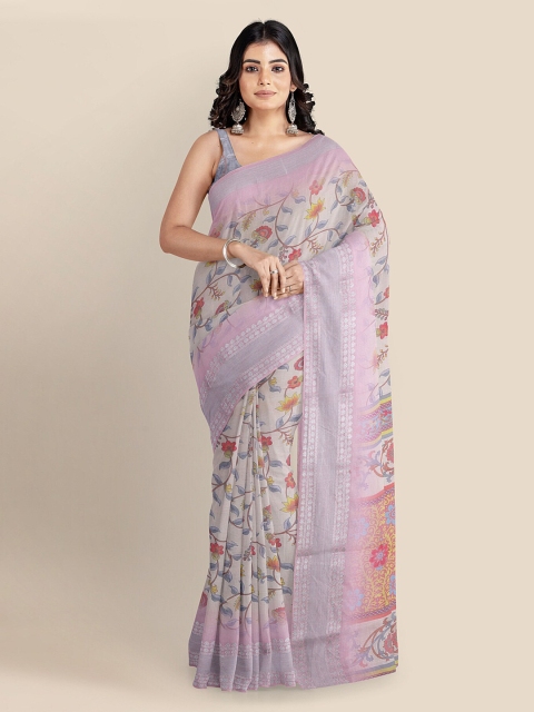 KLM Fashion Mall Multicoloured Linen Blend Printed Banarasi Saree, Multi