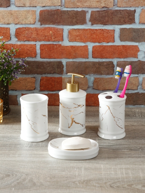 House Of Accessories Set of 4 White & Gold-Toned Solid Bathroom Accessories