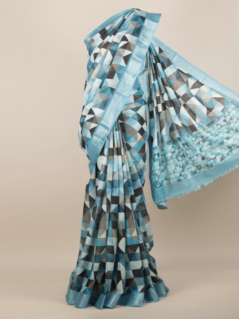 Pothys Blue Printed Linen Blend Saree