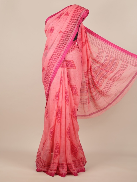 Pothys Pink Printed Linen Blend Saree