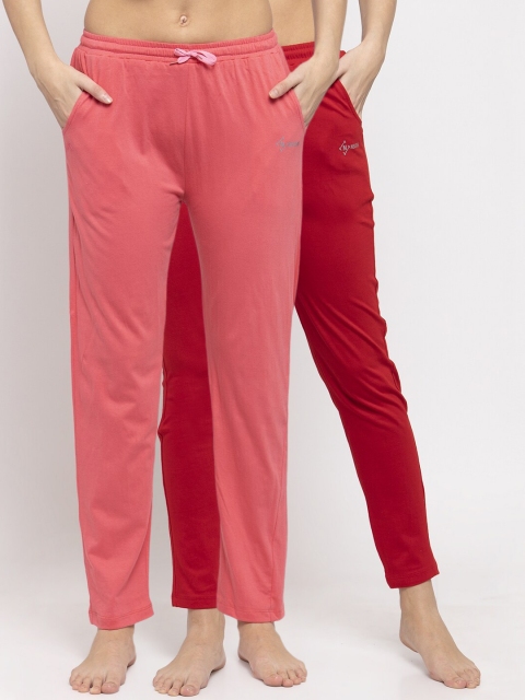 NEUDIS Women Pack Of 2 Solid Lounge Pants, Red