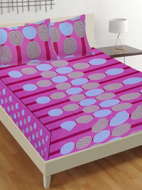 Tistabene Pink & Blue Geometric 180 TC Cotton 1 King Bedsheet with 2 Pillow Covers