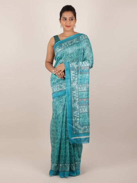 Pothys Blue Printed Jute Silk Saree